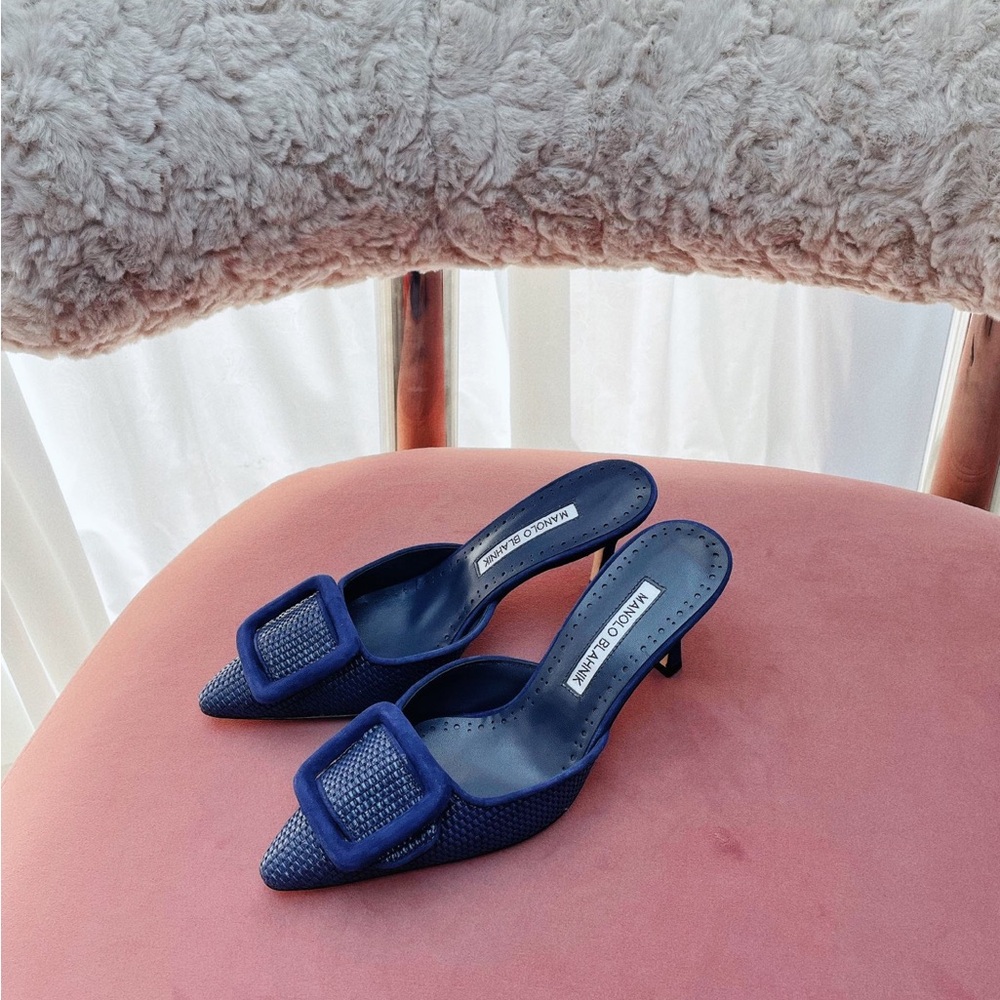 Manolo Blahnik Royal Blue Woven Pointed-Toe Mules with Buckle - Picture 2 of 8